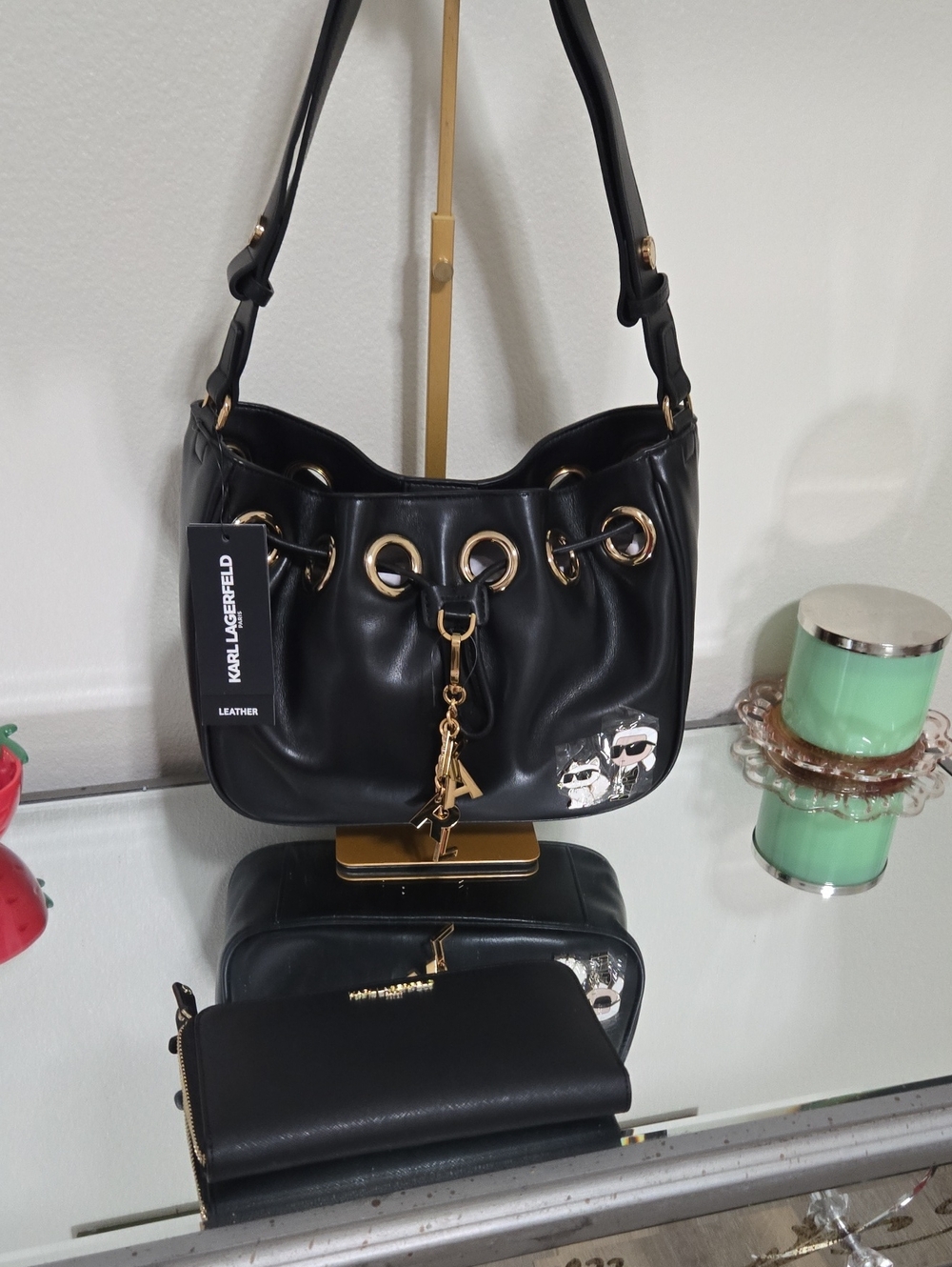 Karl Lagerfeld Black Leather Drawstring Bucket Bag with Gold Hardware and Wallet